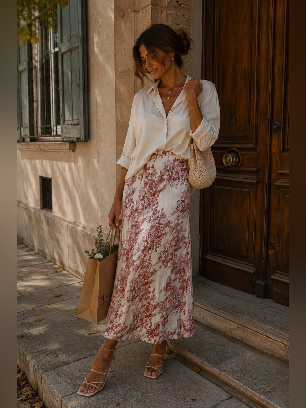Lowey Cream Midi Skirt with Floral Print